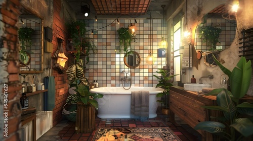 Illustration of A stylish bathroom in cluttercore style, with trendy tiles, a plethora of vintage bottles, plants, and artistic clutter creating a cozy, lived-in feel. Ai Generate. 