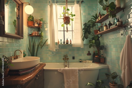 Illustration of A stylish bathroom in cluttercore style, with trendy tiles, a plethora of vintage bottles, plants, and artistic clutter creating a cozy, lived-in feel. Ai Generate.
 photo