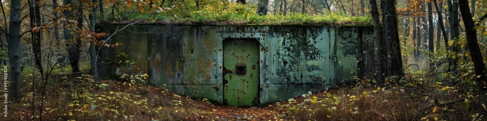 Blast door of a concealed nuclear shelter nestled within a woodland Blast door of a concealed nuclear shelter nestled within a woodland