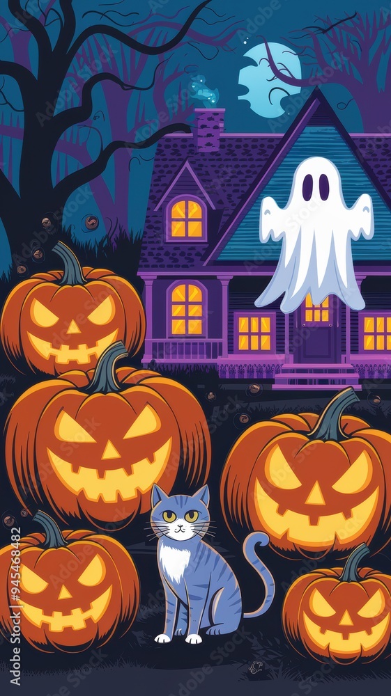 Spooky Gothic Halloween Scene with Haunted House, Ghost, Black and White Cat, and Jack-o'-Lantern Pumpkins in Foggy Dark Atmosphere Spooky Gothic Halloween Scene with Haunted House, Ghost, Black and White Cat, and Jack-o'-Lantern Pumpkins in Foggy Dark Atmosphere