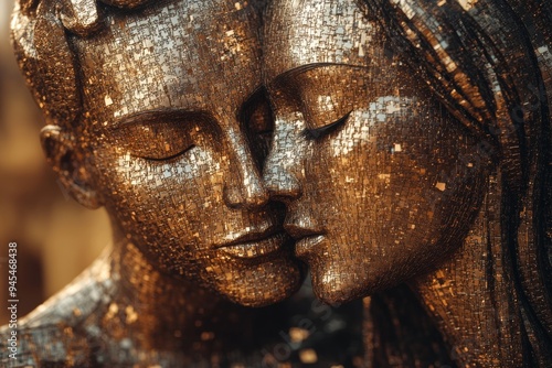 Glittering sculpture of a couples faces intertwined symbolizing love connection and the emotional bond between two individuals in a glamorous gold toned artistic representation photo