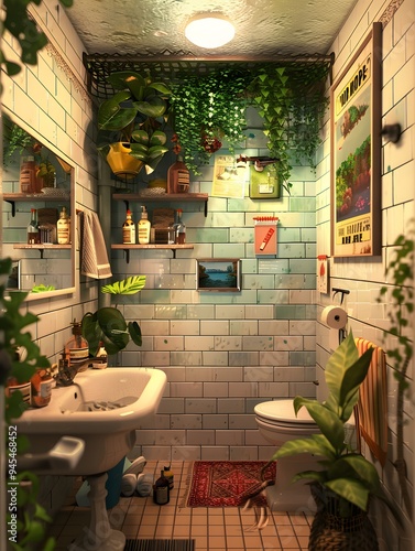 Illustration of A stylish bathroom in cluttercore style, with trendy tiles, a plethora of vintage bottles, plants, and artistic clutter creating a cozy, lived-in feel. Ai Generate.
 photo