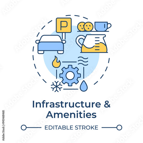 Infrastructure and amenities multi color concept icon. Industrial real estate. Employee break room, parking. HVAC. Round shape line illustration. Abstract idea. Graphic design. Easy to use in article