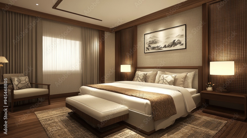 Elegant bedroom interior with a king-size bed, nightstands, and a rug. Elegant bedroom interior with a king-size bed, nightstands, and a rug.
