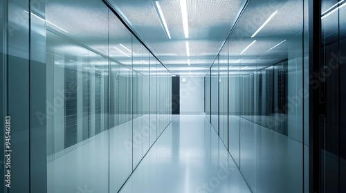 Minimalist server room in a data center, sleek glass design, sharp focus, award-winning photography style,