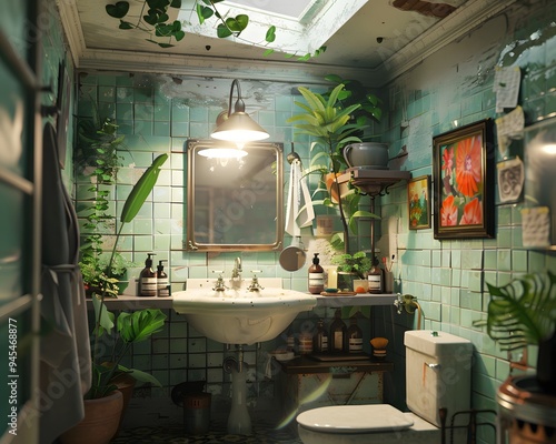 Illustration of A stylish bathroom in cluttercore style, with trendy tiles, a plethora of vintage bottles, plants, and artistic clutter creating a cozy, lived-in feel. Ai Generate.
 photo