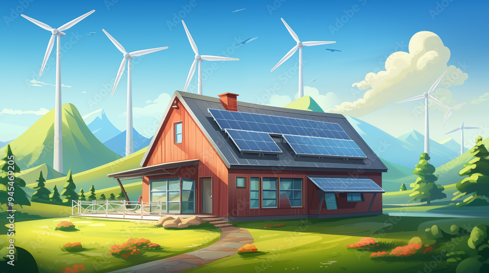 Sustainable Home with Solar Panels and Wind Turbines in Green Landscape Sustainable Home with Solar Panels and Wind Turbines in Green Landscape