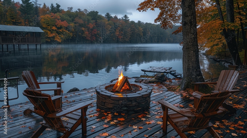 Naklejka premium Cozy cabin deck overlooking a lake, autumn leaves on the trees, rain falling, a fire pit with wood and flames, comfortable chairs around the hearth. Generative AI.