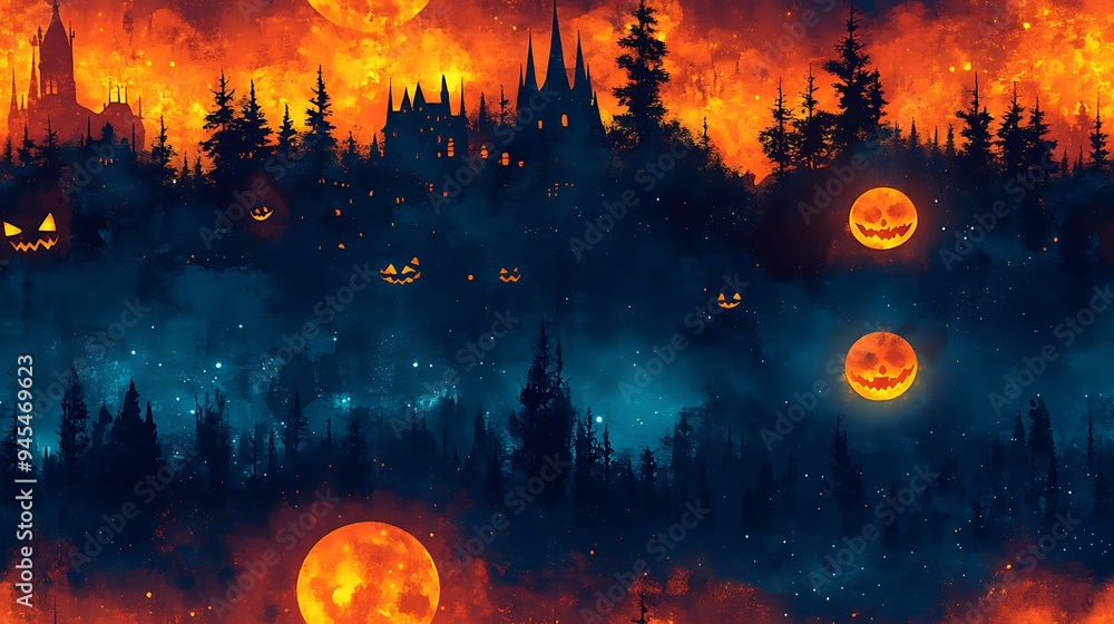 Halloween Night Forest with Jack o Lantern Moon and Castle Silhouette Halloween Night Forest with Jack o Lantern Moon and Castle Silhouette