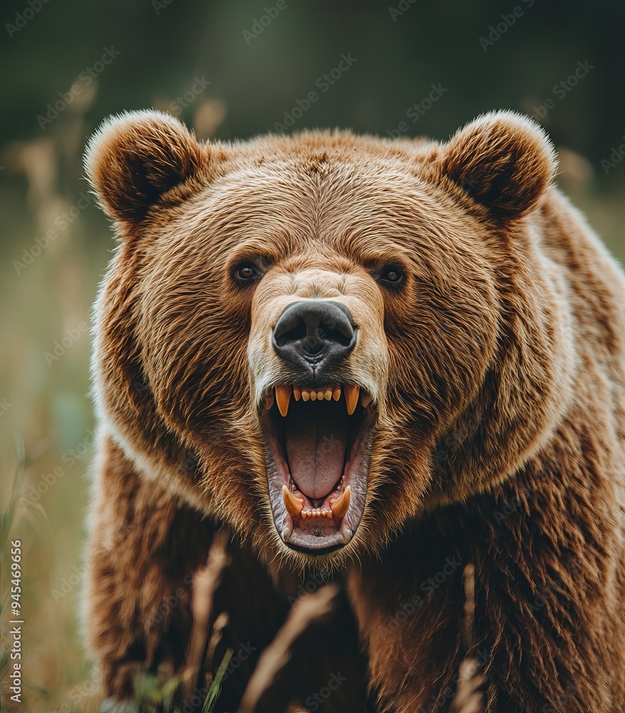 Fierce brown bear roaring in the wild during early morning hours Fierce brown bear roaring in the wild during early morning hours