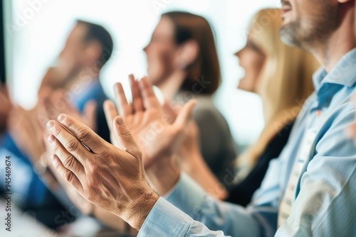 Applauding on a business seminar! Large group of unrecognizable business people applauding in board room. Focus is on man's hands.