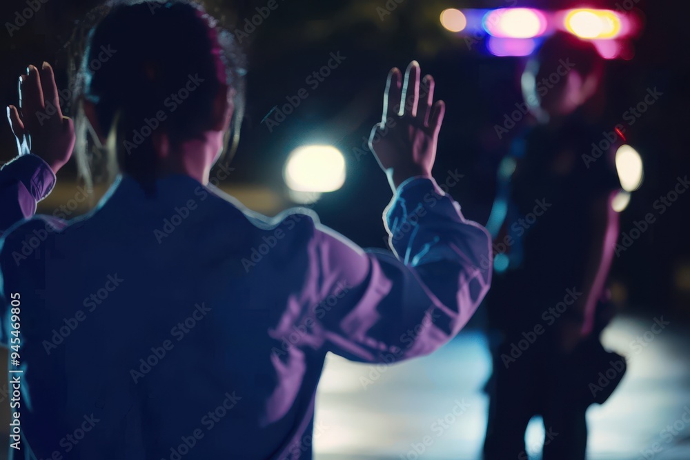 Man surrendering to police at night A man with his hands raised, surrendering to police at night. His back is to the camera. A policewoman is standing in the background facing the suspect. Man surrendering to police at night A man with his hands raised, surrendering to police at night. His back is to the camera. A policewoman is standing in the background facing the suspect.