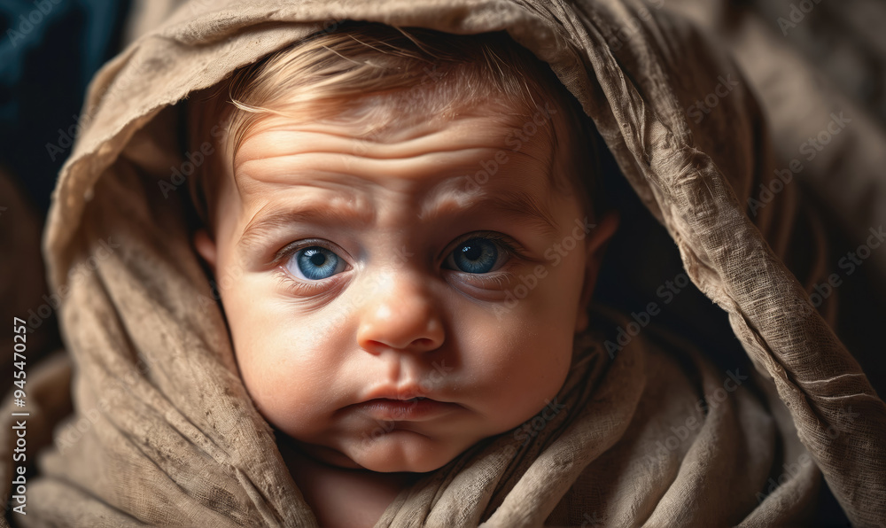 A baby with blue eyes looks intently at the camera, wrapped in a soft brown fabric A baby with blue eyes looks intently at the camera, wrapped in a soft brown fabric