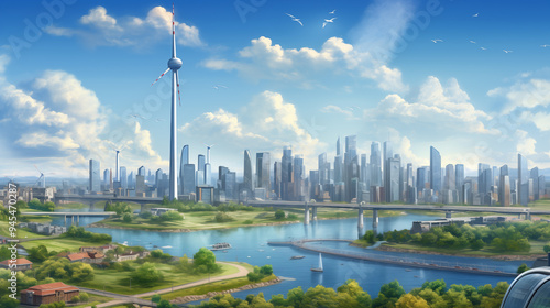 Futuristic Cityscape with Wind Turbine and River