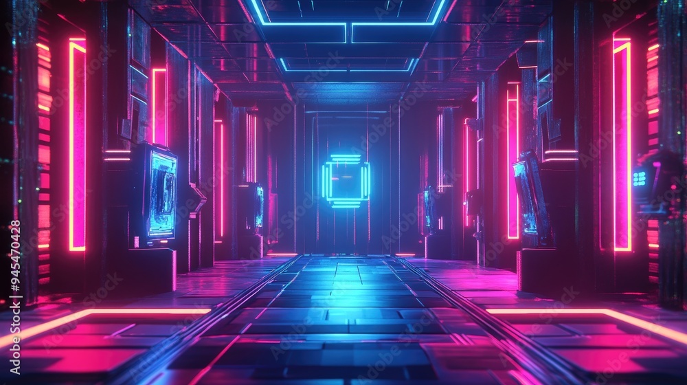 3D rendered illustration of a futuristic gaming background featuring a cyberpunk inspired metaverse scene with neon glows and abstract elements in a pedestal room setting 3D rendered illustration of a futuristic gaming background featuring a cyberpunk inspired metaverse scene with neon glows and abstract elements in a pedestal room setting