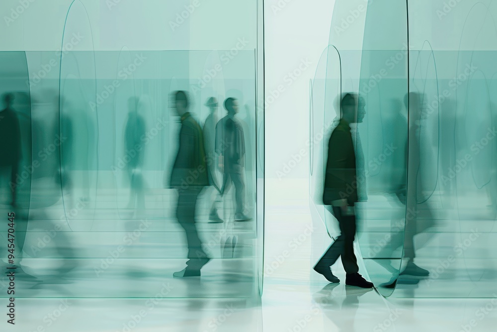 Blurred business people behind glass frames Blurred business people behind glass frames, 3d render. Blurred business people behind glass frames Blurred business people behind glass frames, 3d render.