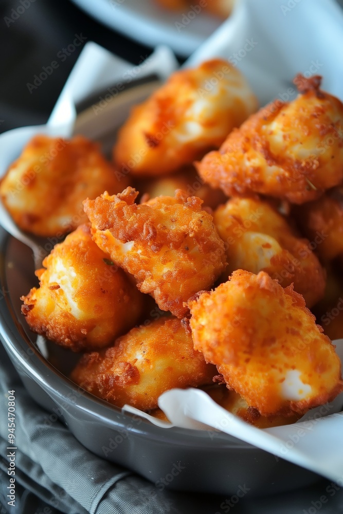 Crispy golden fried cheese bites served in a bowl on a napkin with a dark background Crispy golden fried cheese bites served in a bowl on a napkin with a dark background