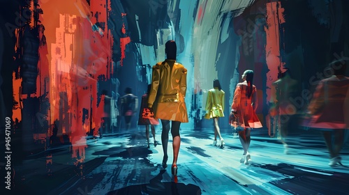 Illustration of A stylish fashion runway with models walking amidst a digitally collapsing background, vibrant colors distorting and fragmenting. Ai Generate.