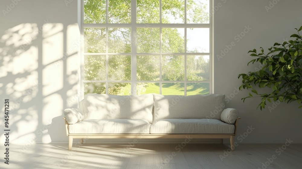 Concept of a bright room featuring a sofa and a summer landscape visible through the window Scandinavian inspired interior design 3D rendering Concept of a bright room featuring a sofa and a summer landscape visible through the window Scandinavian inspired interior design 3D rendering