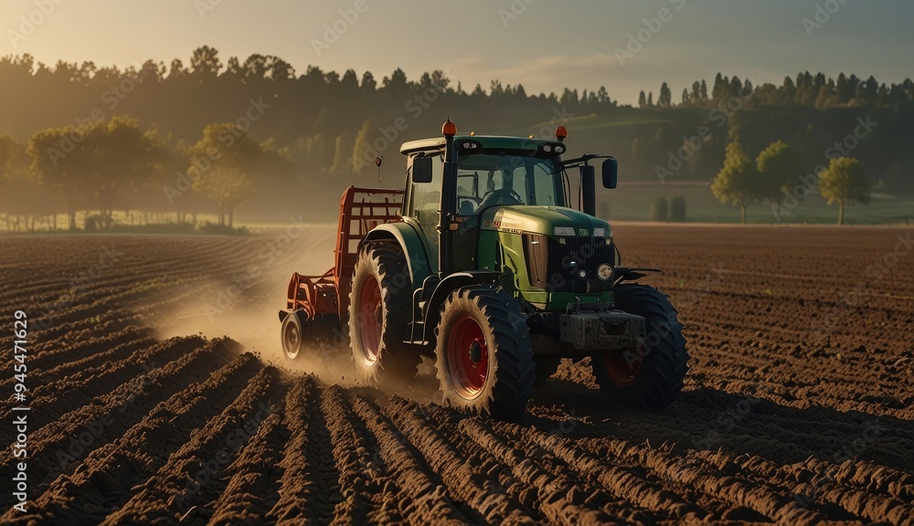 Fototapeta premium Tractor Plowing Field at Sunset