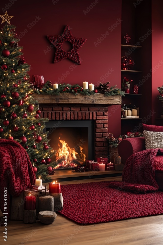Cozy Christmas Interior. Living Room Fireplace Decorated For Holidays, Tree, Red Decorations. Cozy Christmas Interior. Living Room Fireplace Decorated For Holidays, Tree, Red Decorations.