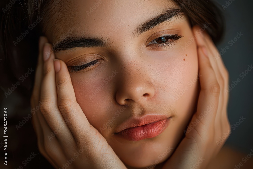 A beautiful young latin woman holding her soft face in this horizontal close up A beautiful young latin woman holding her soft face in this horizontal close up