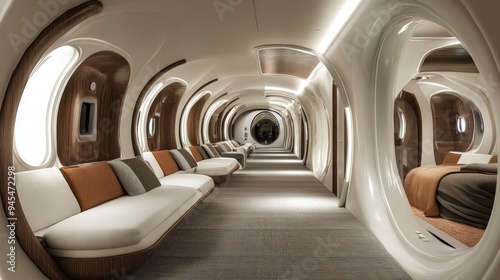 Fototapeta Naklejka Na Ścianę i Meble -  Futuristic spaceship interior hallway with white seats and a bed.
