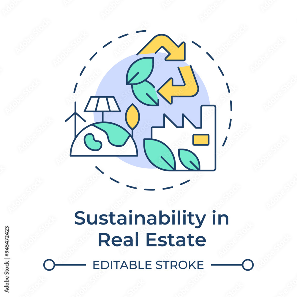 Sustainability in real estate multi color concept icon. Industrial realty trend. Green practices. Round shape line illustration. Abstract idea. Graphic design. Easy to use in article Sustainability in real estate multi color concept icon. Industrial realty trend. Green practices. Round shape line illustration. Abstract idea. Graphic design. Easy to use in article