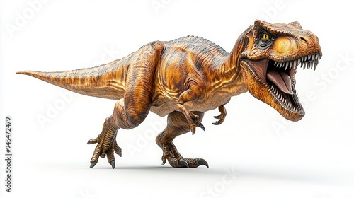 hyperrealistic trex in dynamic hunting pose showcasing intricate skin texture and muscular detail dramatically lit against a stark white background photo