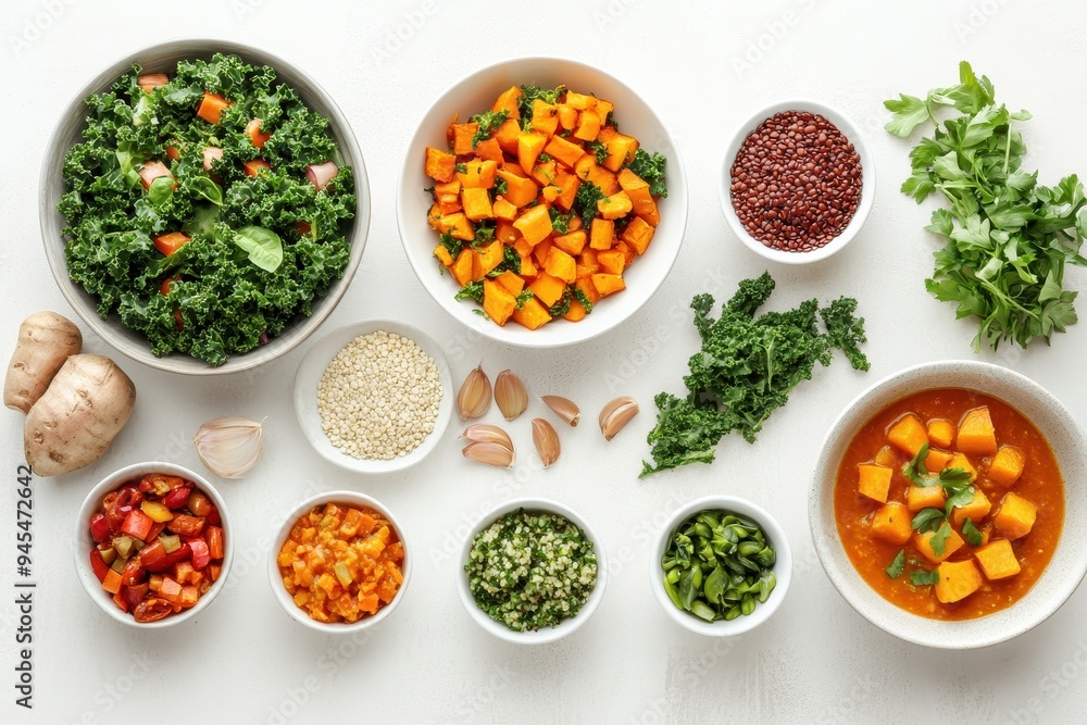 A vibrant arrangement of fresh vegetables and ingredients for a healthy meal preparation. A vibrant arrangement of fresh vegetables and ingredients for a healthy meal preparation.