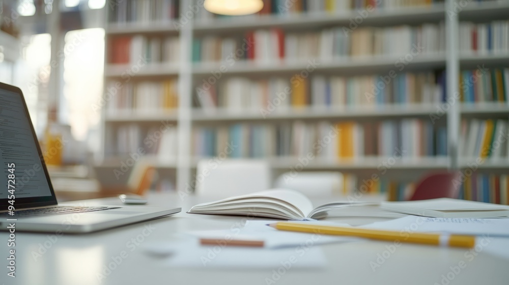 An office workspace featuring a laptop, open books, pen and diary on a spacious desk with orderly bookshelves in the background, signifying productivity and organization. An office workspace featuring a laptop, open books, pen and diary on a spacious desk with orderly bookshelves in the background, signifying productivity and organization.