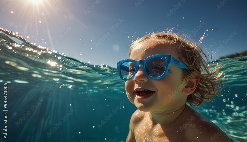 Fototapeta premium Joyful Child Swimming in Ocean