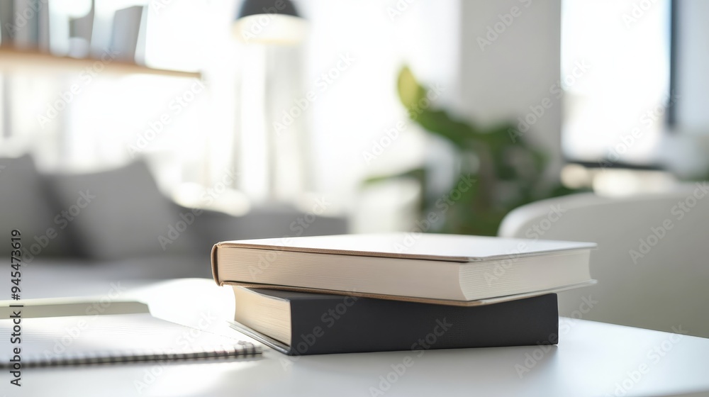 A bright and inviting living room showcasing a white desk with two books stacked, picking up sunlight filtering through the window, perfect for studious or creative pursuits. A bright and inviting living room showcasing a white desk with two books stacked, picking up sunlight filtering through the window, perfect for studious or creative pursuits.