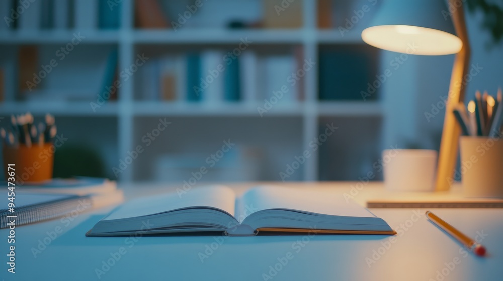 Obraz premium An open book sits on a well-lit study desk with a modern lamp and neatly arranged pencils, creating an inviting and focused atmosphere for reading and studying.