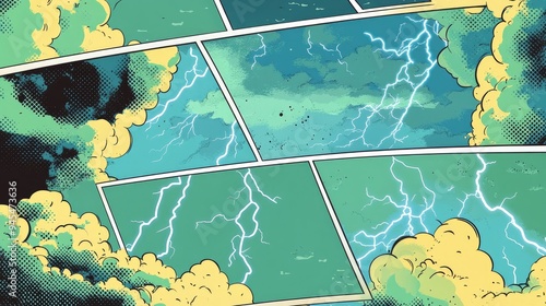 Blank comic strip with a green background featuring thunder and lightning designed in a cartoon style Abstract pop art layout for dialogue or creative concepts