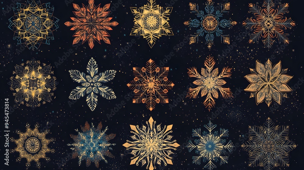 Christmas-themed snowflake set in a vector illustration with a variety of intricate designs and festive colors Christmas-themed snowflake set in a vector illustration with a variety of intricate designs and festive colors