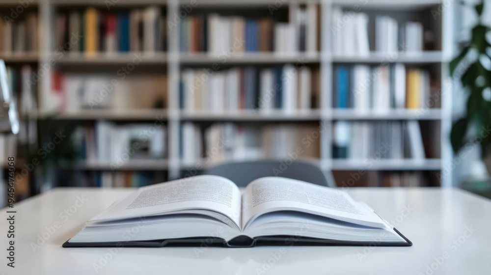 An open book lies on a clean white table in the foreground with a blurred view of bookshelves filled with various books in the modern, well-lit library background. An open book lies on a clean white table in the foreground with a blurred view of bookshelves filled with various books in the modern, well-lit library background.
