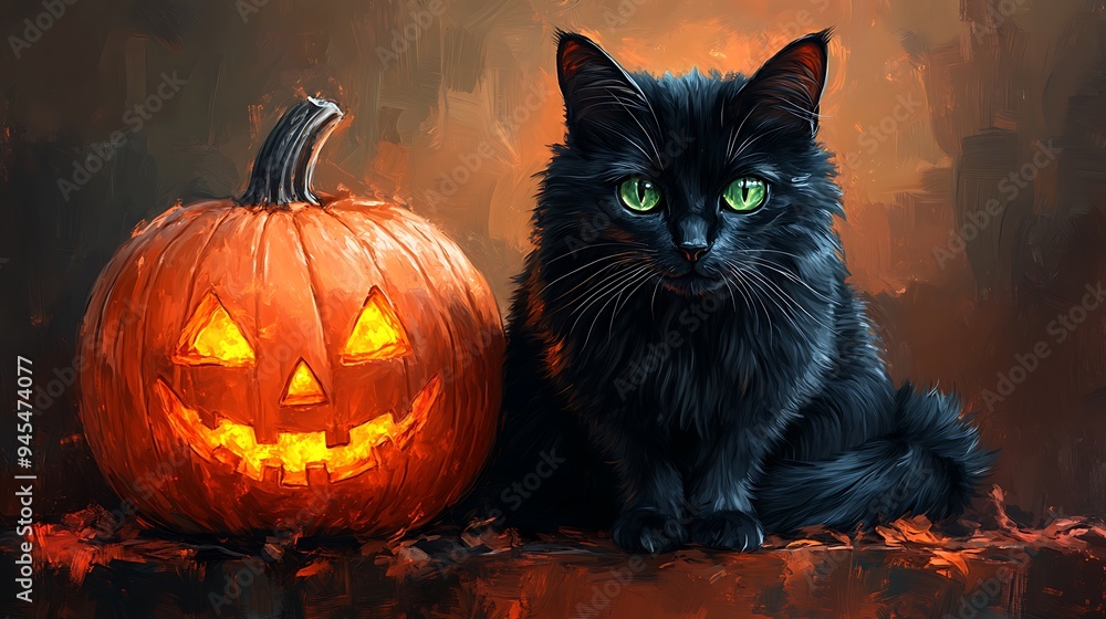 Black Cat and Jack O Lantern Halloween Illustration Black Cat and Jack O Lantern Halloween Illustration