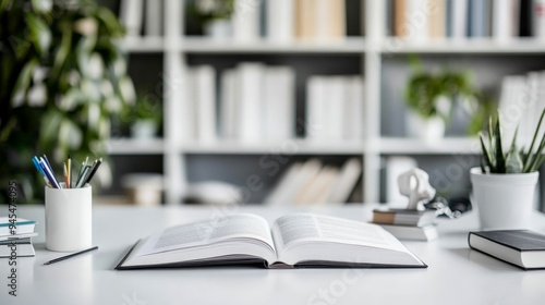 An open book is placed on a white table, while a potted plant and various stationery items like pens and clips are neatly arranged, reflecting a serene study environment.