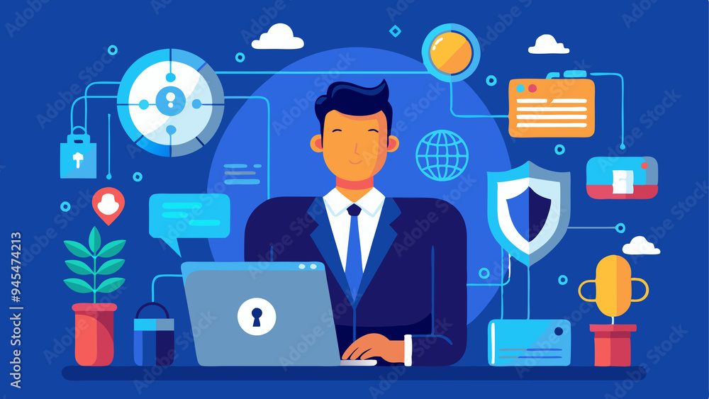 Businessman Using Computer with Lock Icon Representing Data Protection and Privacy, GDPR Compliance, and Cybersecurity in a Digital Network, Emphasizing Internet Security on Blue Background Businessman Using Computer with Lock Icon Representing Data Protection and Privacy, GDPR Compliance, and Cybersecurity in a Digital Network, Emphasizing Internet Security on Blue Background