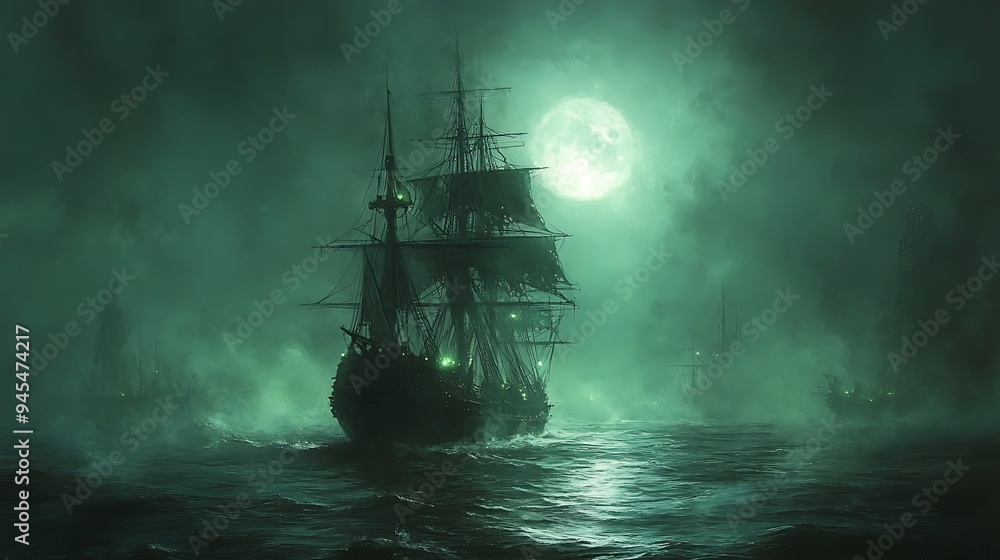 Mysterious Ship Sailing Through Foggy Sea at Night Mysterious Ship Sailing Through Foggy Sea at Night