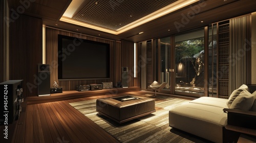 Wallpaper Mural A modern home theater with a large screen, speakers, and a couch, with a view of a lush garden outside the large windows. Torontodigital.ca