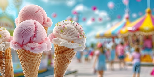 Summer vacation concept, bustling amusement park, kids on rides, cotton candy and ice cream, vibrant and colorful, fun and energetic, Editorial Photography