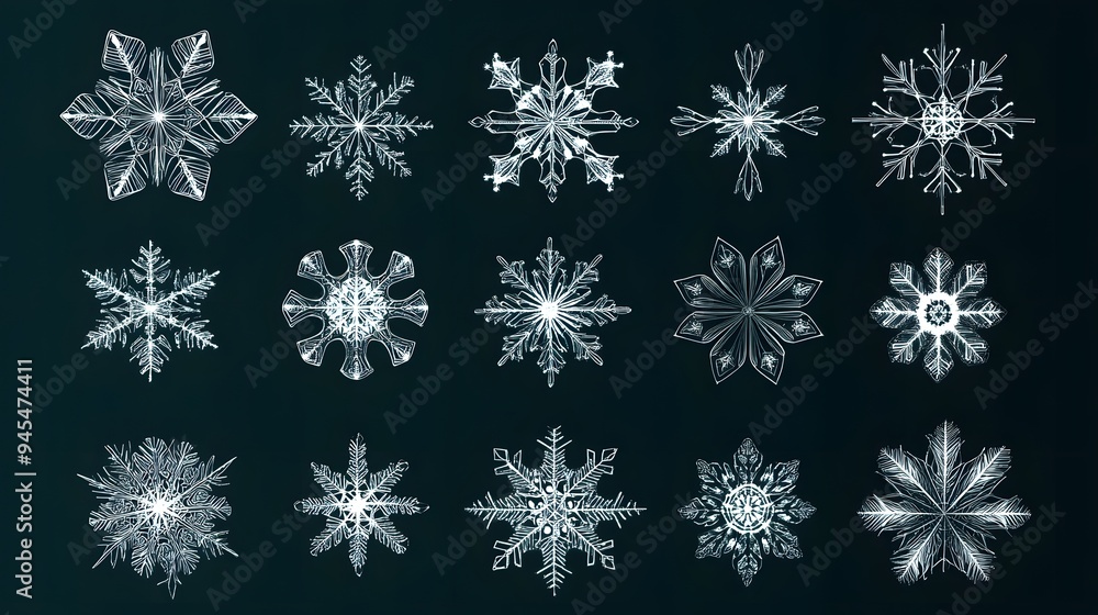 Intricate snowflake vector illustration set with a Christmas theme and a mix of symmetrical designs Intricate snowflake vector illustration set with a Christmas theme and a mix of symmetrical designs