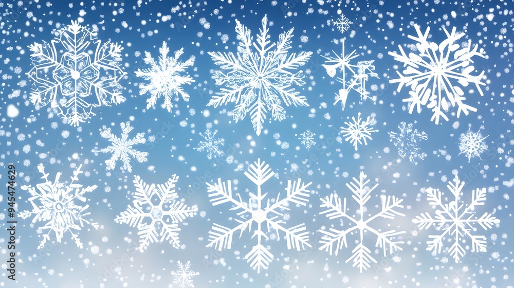 Christmas snowflakes in a vector illustration with various shapes and sizes set against a wintery background Christmas snowflakes in a vector illustration with various shapes and sizes set against a wintery background
