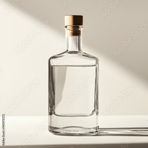 Elegant and sophisticated glass bottle of gin placed at the center of a plain white background perfect for high end branding packaging and product placement