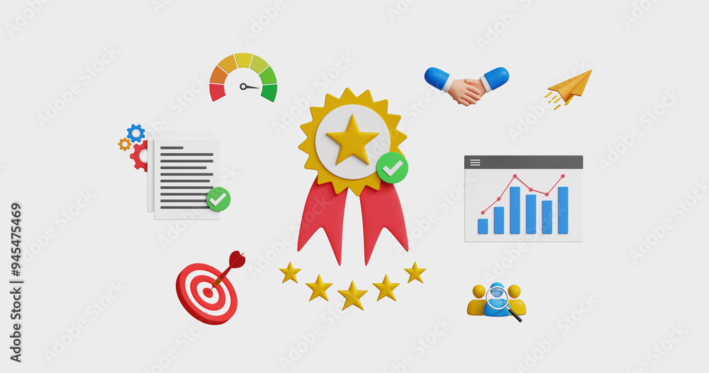 Quality assurance concept. Good service, five stars rating, premium service assurance, excellence service, high quality approval, business excellence. 3D illustration Quality assurance concept. Good service, five stars rating, premium service assurance, excellence service, high quality approval, business excellence. 3D illustration