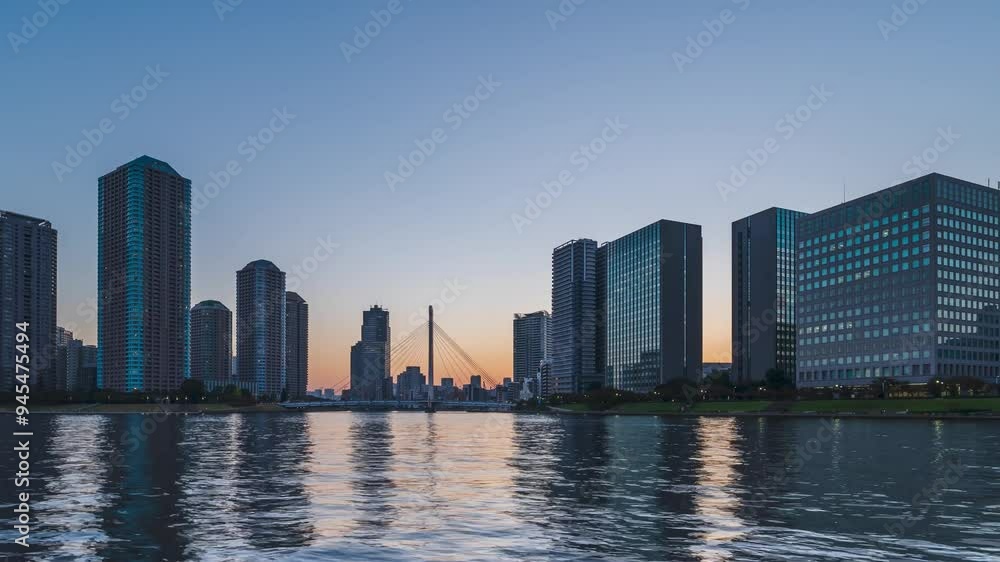 【東京都・中央区】隅田川・佃島の都市夜景 夕暮れ時にライトアップされる高層ビル群 タイムラプス パンレフト
Night view of the Sumida River in Tokyo. Skyscrapers lit up at dusk. - Japan - Time lapse video - pan left 【東京都・中央区】隅田川・佃島の都市夜景 夕暮れ時にライトアップされる高層ビル群 タイムラプス パンレフト
Night view of the Sumida River in Tokyo. Skyscrapers lit up at dusk. - Japan - Time lapse video - pan left