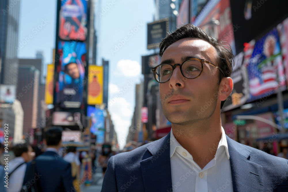 Businessman in Times Square on a Sunny Day Businessman in Times Square on a Sunny Day