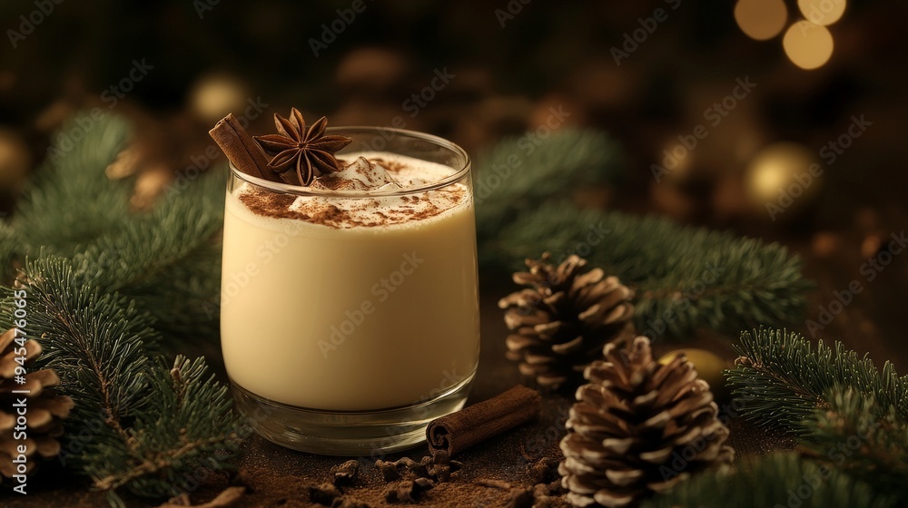 Festive Eggnog Drink with Cinnamon and Pinecones for Holiday Season Festive Eggnog Drink with Cinnamon and Pinecones for Holiday Season